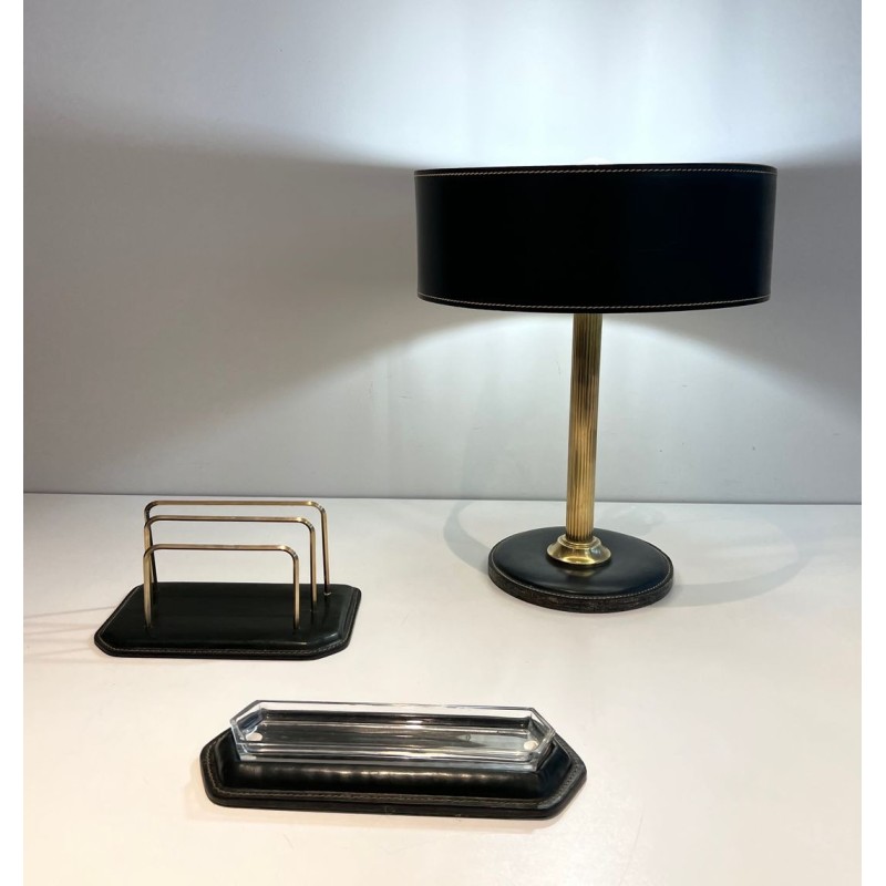 Dark Green Leather Desk Set with Lamp and Accessories, Jacques Adnet Style, c.1950