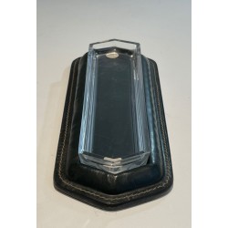 Dark Green Saddle-Stitched Leather and Glass Pen Tray, Jacques Adnet Style, c.1950