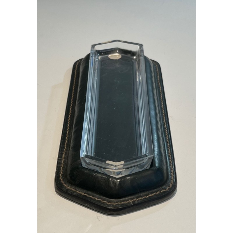 Dark Green Saddle-Stitched Leather and Glass Pen Tray, Jacques Adnet Style, c.1950