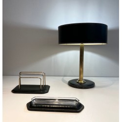 Dark Green Leather Desk Set with Lamp and Accessories, Jacques Adnet Style, c.1950