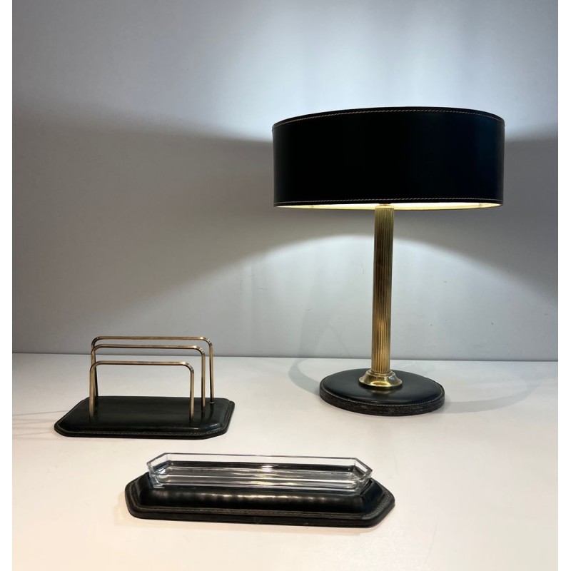 Dark Green Leather Desk Set with Lamp and Accessories, Jacques Adnet Style, c.1950