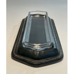 Dark Green Saddle-Stitched Leather and Glass Pen Tray, Jacques Adnet Style, c.1950