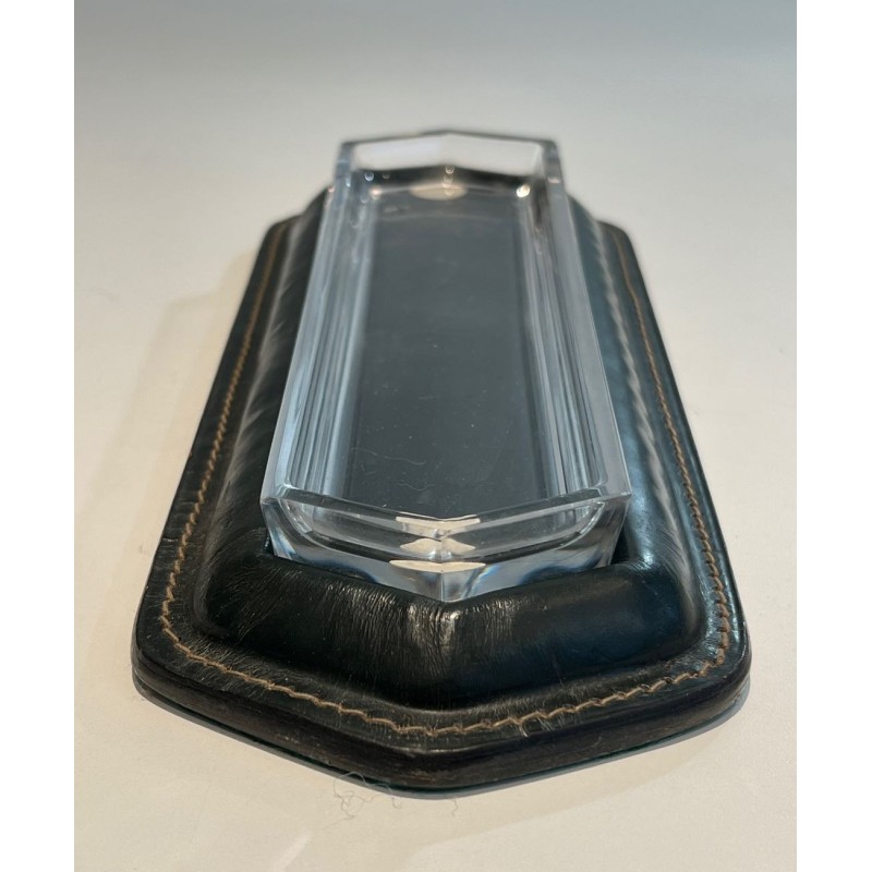 Dark Green Saddle-Stitched Leather and Glass Pen Tray, Jacques Adnet Style, c.1950