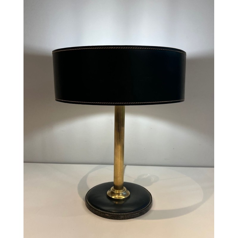 Dark Green Leather Desk Set with Lamp and Accessories, Jacques Adnet Style, c.1950