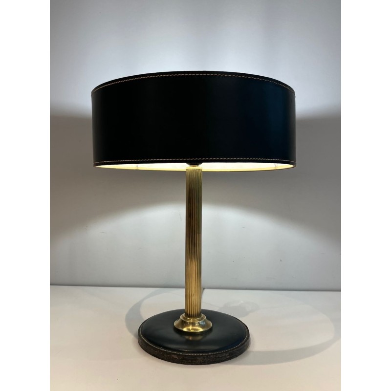 Dark Green Leather Desk Set with Lamp and Accessories, Jacques Adnet Style, c.1950