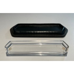 Dark Green Saddle-Stitched Leather and Glass Pen Tray, Jacques Adnet Style, c.1950