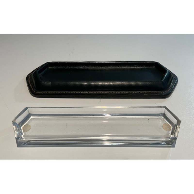 Dark Green Saddle-Stitched Leather and Glass Pen Tray, Jacques Adnet Style, c.1950