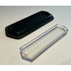 Dark Green Saddle-Stitched Leather and Glass Pen Tray, Jacques Adnet Style, c.1950