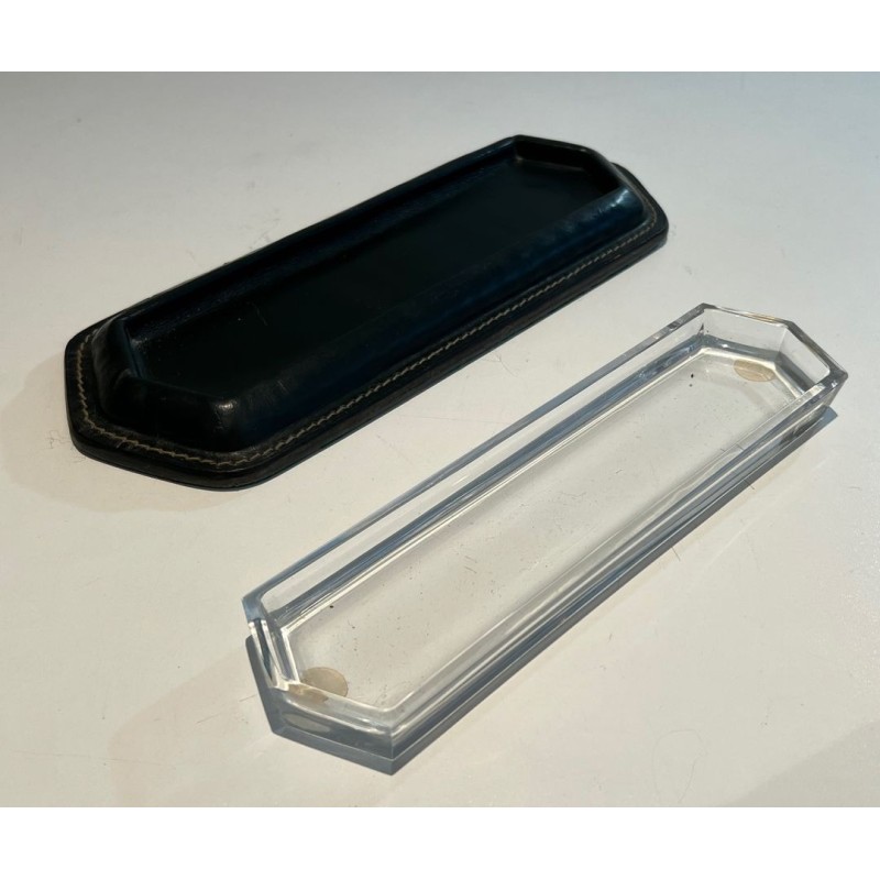 Dark Green Saddle-Stitched Leather and Glass Pen Tray, Jacques Adnet Style, c.1950