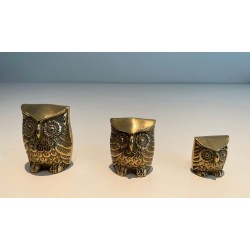 Set of Three Small Decorative Brass Owls, French Work, circa 1970