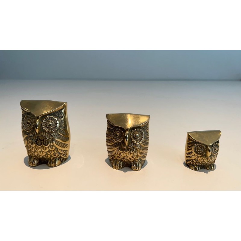 Set of Three Small Decorative Brass Owls, French Work, circa 1970