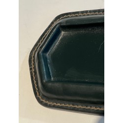Dark Green Saddle-Stitched Leather and Glass Pen Tray, Jacques Adnet Style, c.1950