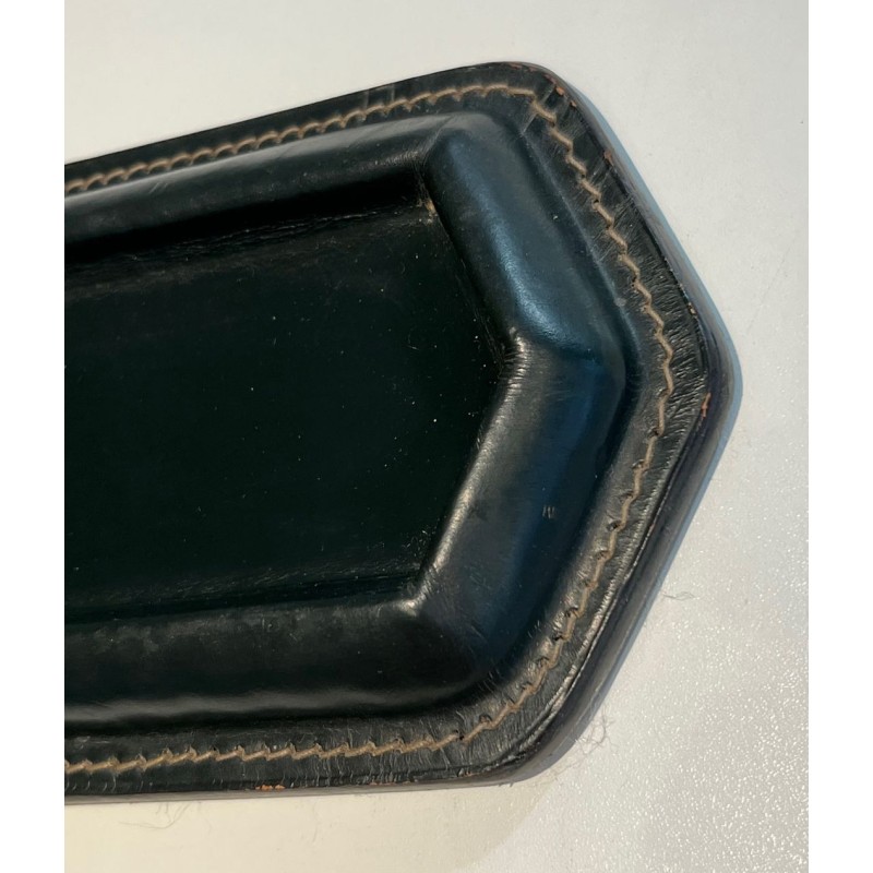 Dark Green Saddle-Stitched Leather and Glass Pen Tray, Jacques Adnet Style, c.1950