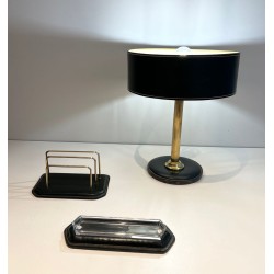 Dark Green Leather Desk Set with Lamp and Accessories, Jacques Adnet Style, c.1950