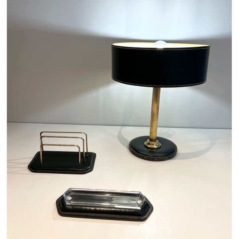 Dark Green Leather Desk Set with Lamp and Accessories, Jacques Adnet Style, c.1950