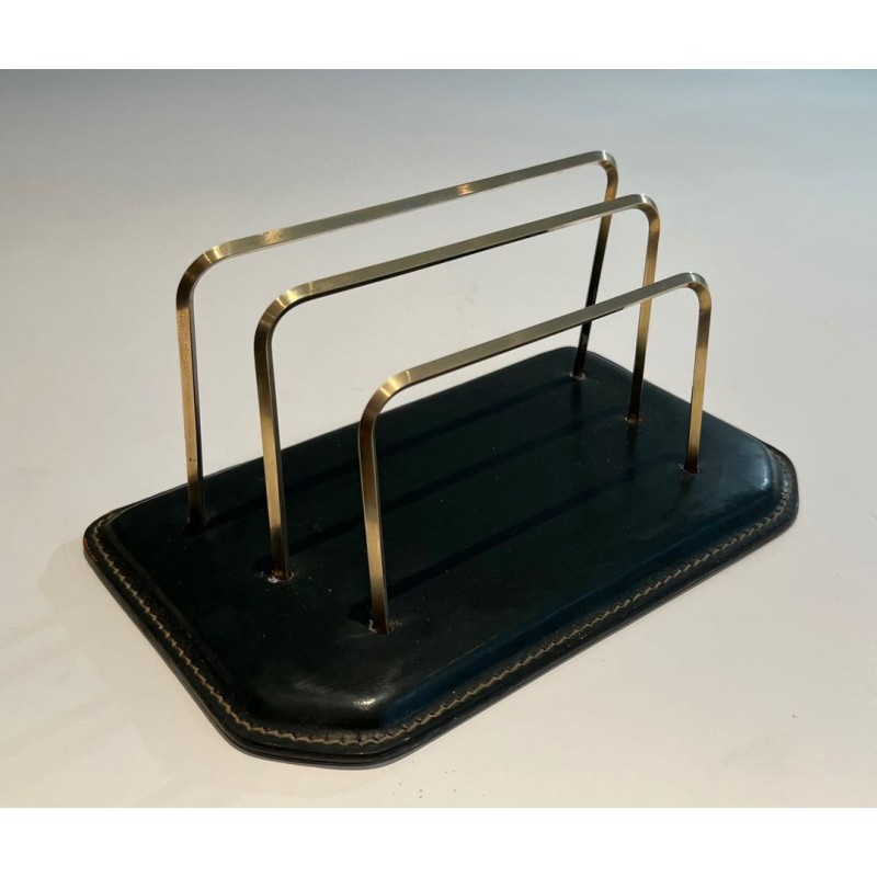 Dark Green Saddle-Stitched Leather Letter Rack with Brass, Jacques Adnet Style, c.1950