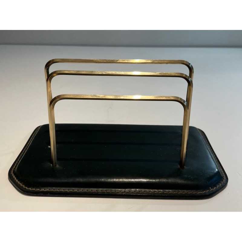 Porte-Courrier en Cuir Vert Piqué Sellier et Laiton, Style Jacques Adnet, vers 1950