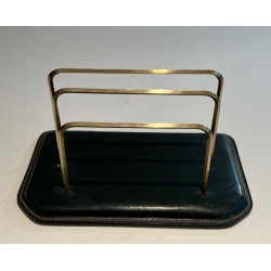 Dark Green Saddle-Stitched Leather Letter Rack with Brass, Jacques Adnet Style, c.1950