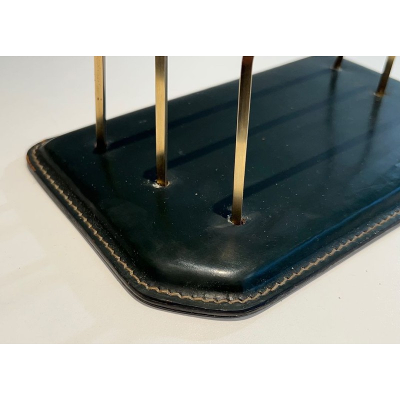 Dark Green Saddle-Stitched Leather Letter Rack with Brass, Jacques Adnet Style, c.1950