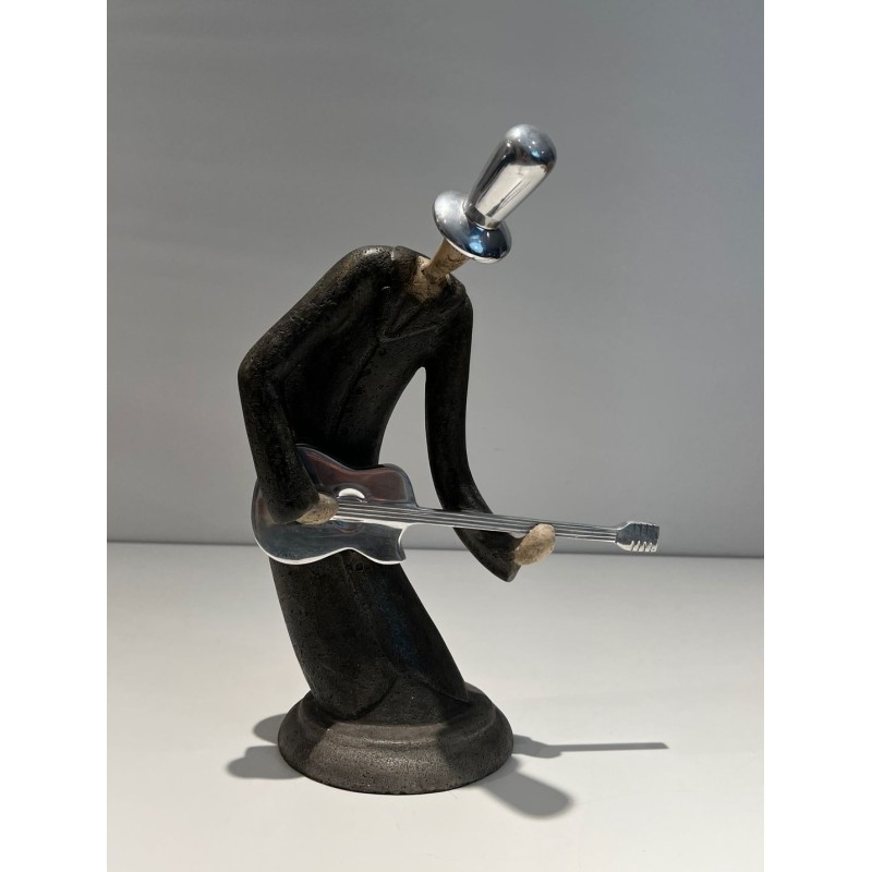 Stylised Sculpture of a Guitar Player in a Cloak, French Work, circa 1970