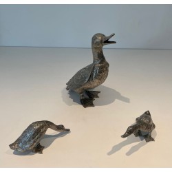 Set of Three Finely Chiselled Silvered Bronze Ducks, French Work, circa 1970