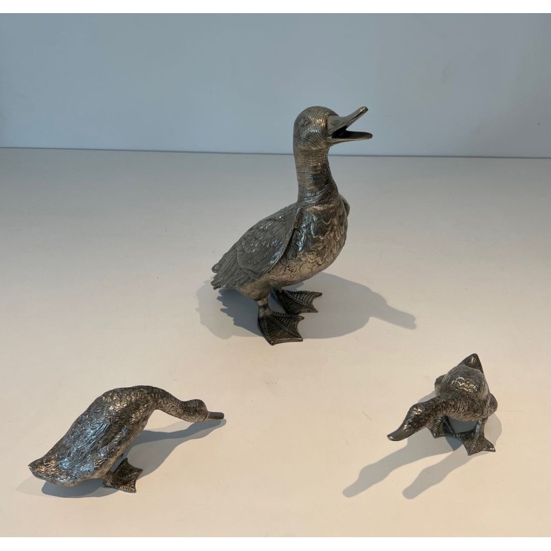 Set of Three Finely Chiselled Silvered Bronze Ducks, French Work, circa 1970