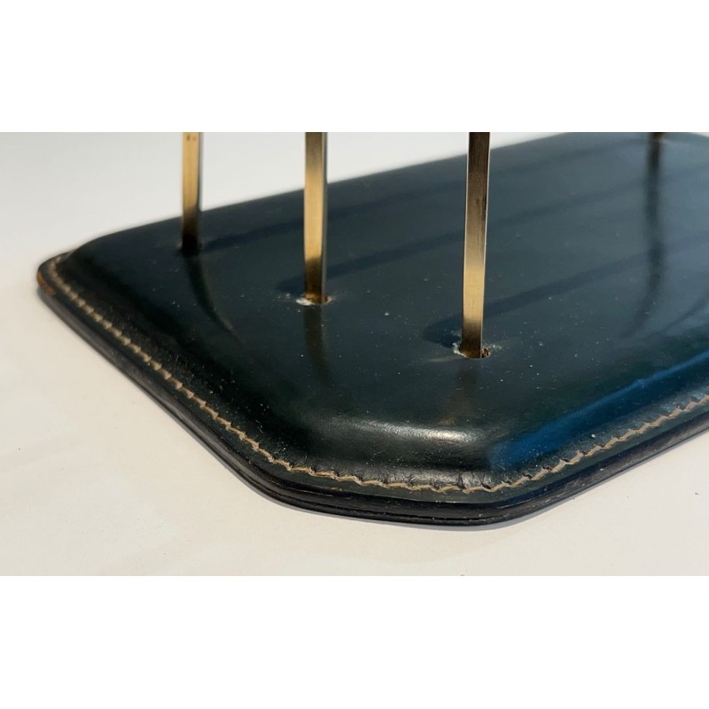 Dark Green Saddle-Stitched Leather Letter Rack with Brass, Jacques Adnet Style, c.1950