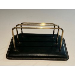 Dark Green Saddle-Stitched Leather Letter Rack with Brass, Jacques Adnet Style, c.1950
