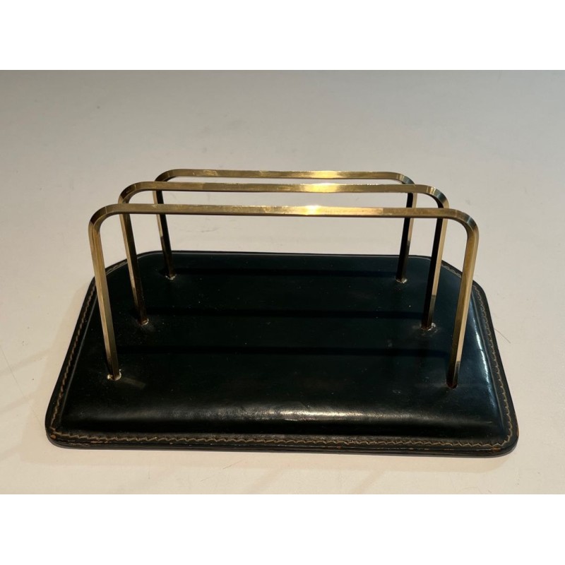 Porte-Courrier en Cuir Vert Piqué Sellier et Laiton, Style Jacques Adnet, vers 1950