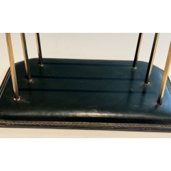 Dark Green Saddle-Stitched Leather Letter Rack with Brass, Jacques Adnet Style, c.1950