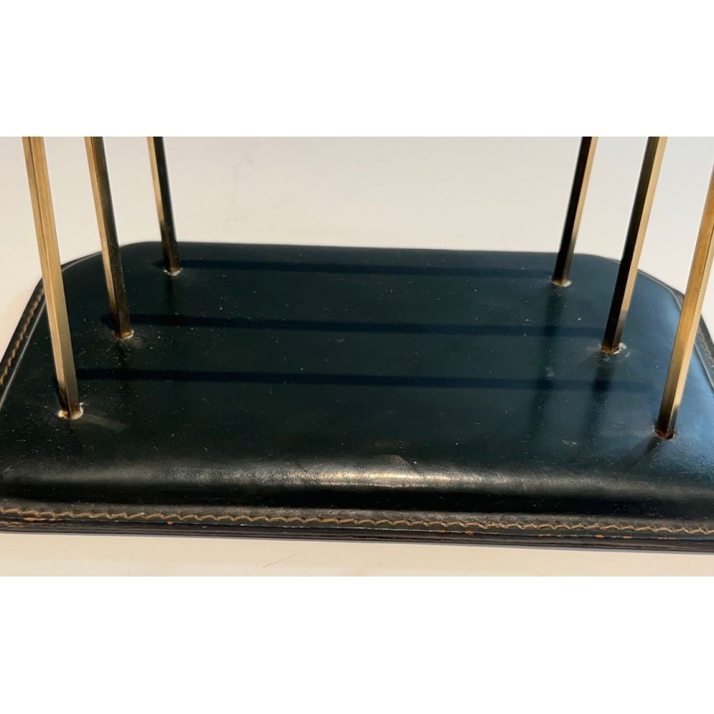 Porte-Courrier en Cuir Vert Piqué Sellier et Laiton, Style Jacques Adnet, vers 1950