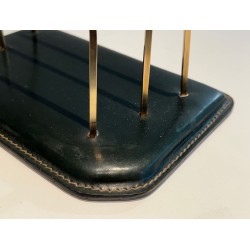 Dark Green Saddle-Stitched Leather Letter Rack with Brass, Jacques Adnet Style, c.1950
