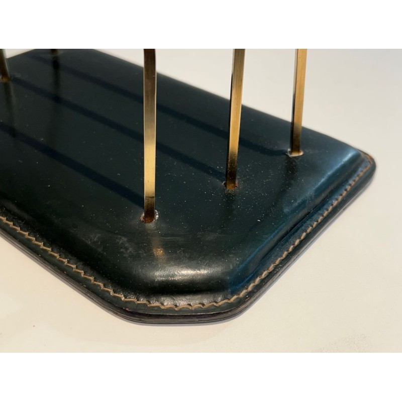Dark Green Saddle-Stitched Leather Letter Rack with Brass, Jacques Adnet Style, c.1950
