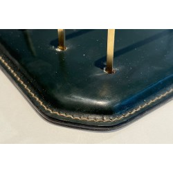Dark Green Saddle-Stitched Leather Letter Rack with Brass, Jacques Adnet Style, c.1950