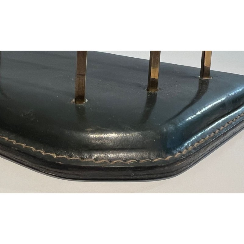 Dark Green Saddle-Stitched Leather Letter Rack with Brass, Jacques Adnet Style, c.1950