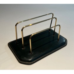 Dark Green Saddle-Stitched Leather Letter Rack with Brass, Jacques Adnet Style, c.1950