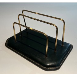 Dark Green Saddle-Stitched Leather Letter Rack with Brass, Jacques Adnet Style, c.1950