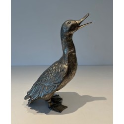 Large Silvered Bronze Duck, Standing with Head Raised, French Work, circa 1970