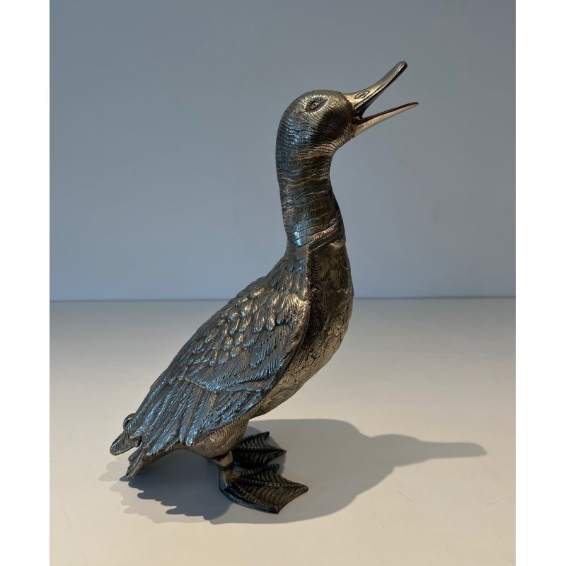 Large Silvered Bronze Duck, Standing with Head Raised, French Work, circa 1970