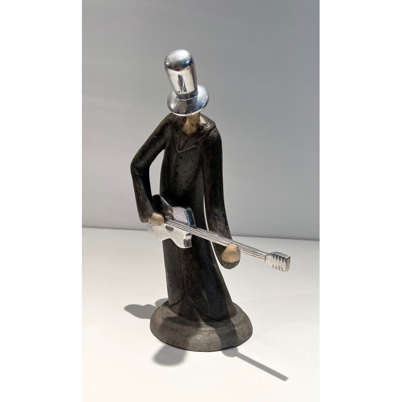 Stylised Sculpture of a Guitar Player in a Cloak, French Work, circa 1970
