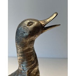 Large Silvered Bronze Duck, Standing with Head Raised, French Work, circa 1970