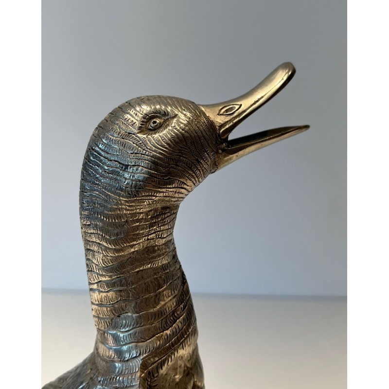 Large Silvered Bronze Duck, Standing with Head Raised, French Work, circa 1970
