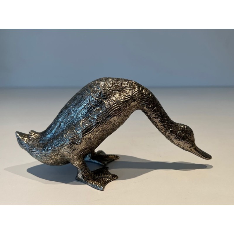 Finely Chiselled Silvered Bronze Duck in Feeding Pose, French Work, circa 1970
