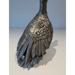 Large Silvered Bronze Duck, Standing with Head Raised, French Work, circa 1970