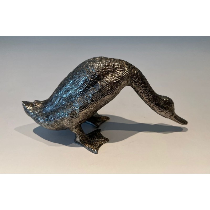 Finely Chiselled Silvered Bronze Duck in Feeding Pose, French Work, circa 1970