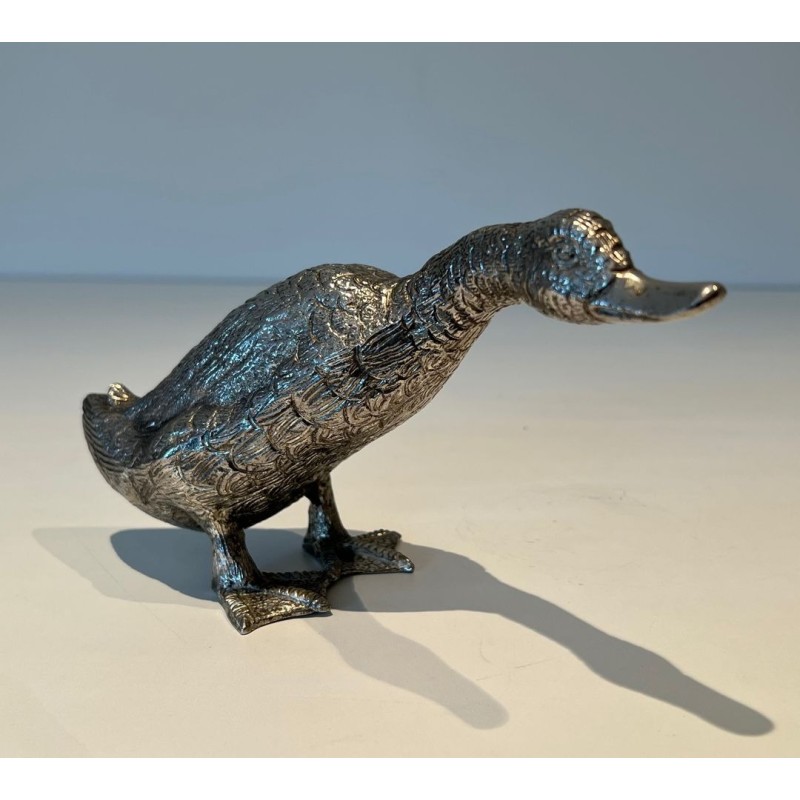 Finely Chiselled Silvered Bronze Duck, French Work, circa 1970