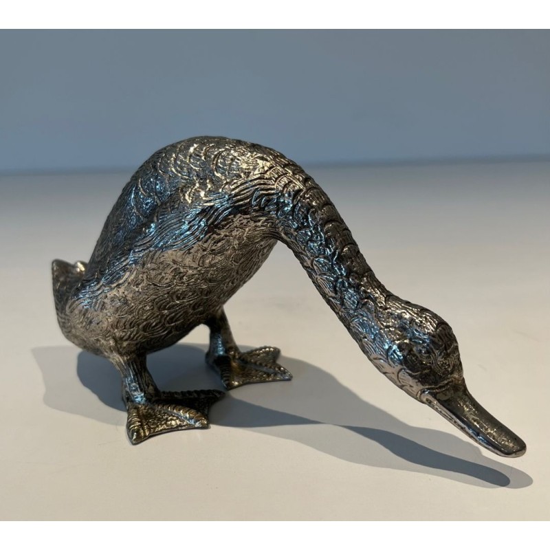 Finely Chiselled Silvered Bronze Duck in Feeding Pose, French Work, circa 1970