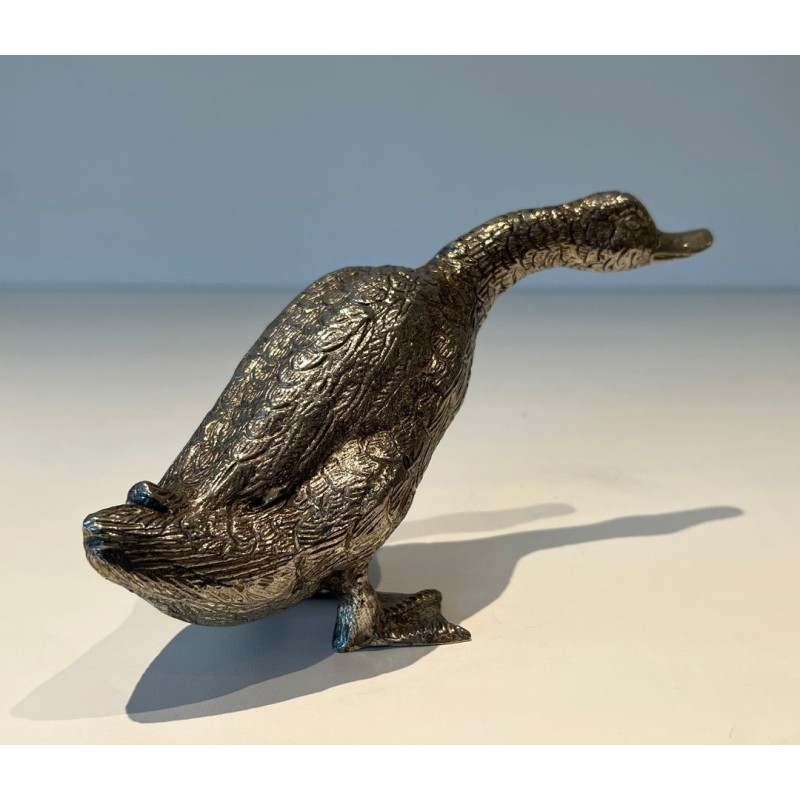 Finely Chiselled Silvered Bronze Duck, French Work, circa 1970