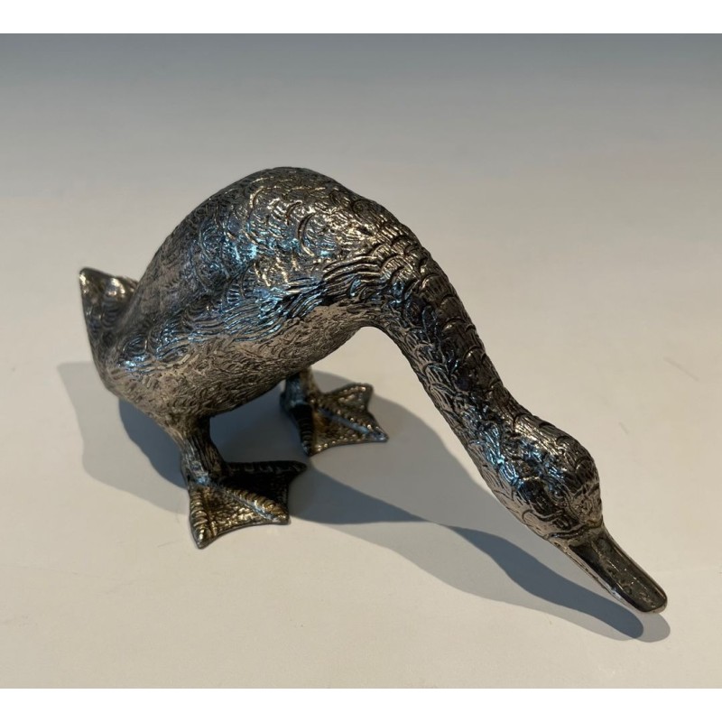 Finely Chiselled Silvered Bronze Duck in Feeding Pose, French Work, circa 1970