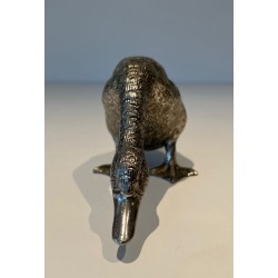 Finely Chiselled Silvered Bronze Duck in Feeding Pose, French Work, circa 1970